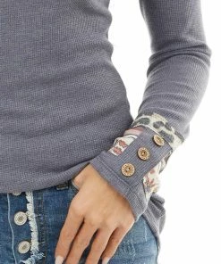 American Chic Dusty Navy Waffle Knit Top With Multiprint Cuff Detail Tops 37 American Chic Dusty Navy Waffle Knit Top With Multiprint Cuff Detail Tops