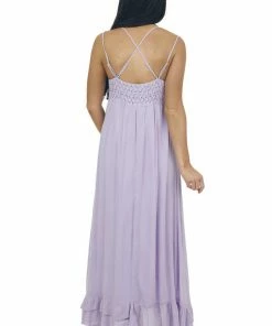 HYFVE Lavender Lace V Neck Maxi Dress With Ruffle Hem Dresses