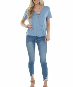 HEIMISH Dusty Blue Surplice Ladder Strap Neck Knit Top