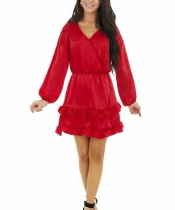 Peach Love Cherry Surplice Ruffled Satin Mini Dress With Elastic Waist Dresses