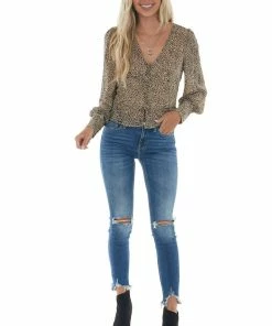 Mittoshop Taupe Leopard Print Button Up Peplum Blouse Tops