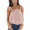 LE LIS Dusty Pink Floral Eyelet Lace Sleeveless Top With Strap Ties Tops