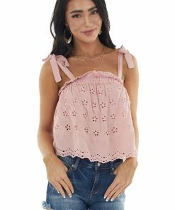 LE LIS Dusty Pink Floral Eyelet Lace Sleeveless Top With Strap Ties Tops