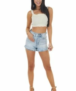 LE LIS Tops Cream Sleeveless Smocked Crop Top With Gold Thread Details 26 LE LIS Tops Cream Sleeveless Smocked Crop Top With Gold Thread Details