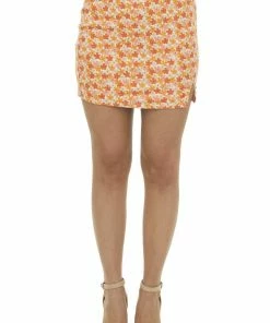 LE LIS Tangerine Floral Print Ribbed Knit Mini Skirt