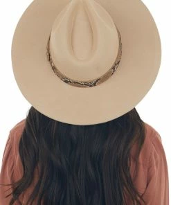 Fame Accessories Latte Wide Brim Wool Hat With Faux Snakeskin Trim Detail