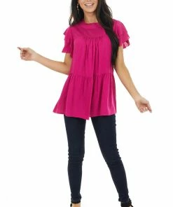 Jodifl Fuchsia High Neck Top With Double Ruffled Short Sleeves Tops