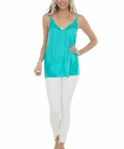 Hailey & Co Tops Teal V Neck Sleeveless Tank Top With Lace Details