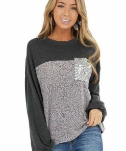 12PM Tops Charcoal Leopard Print Puff Sleeve Top With Sequin Pocket