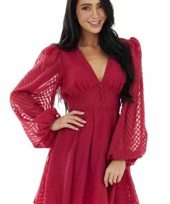 Flying Tomato Maroon Textured Long Bubble Sleeve Short Dress