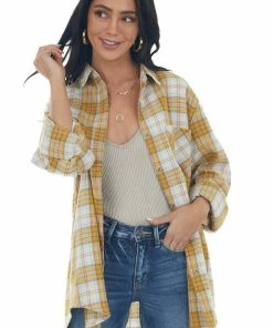 La Miel Mustard Plaid Single Chest Pocket Flannel