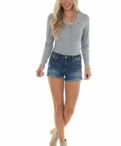 Dress Forum Heather Grey Knit Long Sleeve Bodysuit With Button Details Tops