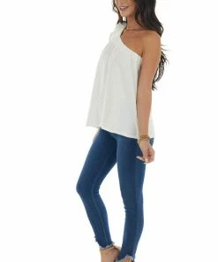 BiBi Ivory One Shoulder Top With Self Tie Strap Tops