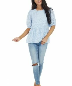 Staccato Tops Powder Blue Floral Lace Peplum Top With Short Puff Sleeves 27 Staccato Tops Powder Blue Floral Lace Peplum Top With Short Puff Sleeves