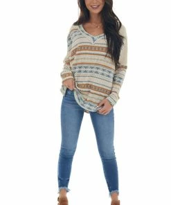 Ces Femme Oatmeal Aztec Print Long Sleeve Knit Top