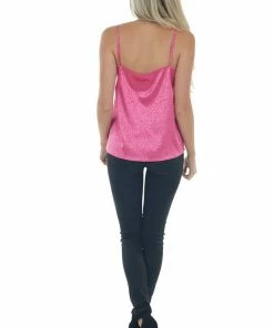 Vine & Love Tops Mulberry Leopard Print Frayed Lace Neckline Camisole Blouse