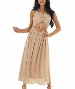 Entro Champagne Glitter Sleeveless Midi Woven Dress With Cut Out