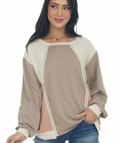 BiBi Taupe Colorblock Knit Top With Lace Details Tops