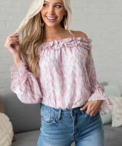 Jodifl Tops Carnation Watercolor Ruffle Off Shoulder Top