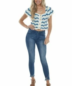 Entro Ivory And Cornflower Chevron Crochet Knit Top Tops