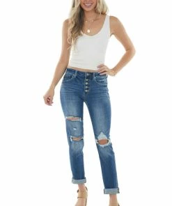 KanCan Bottoms Dark High Rise Distressed Girlfriend Jeans