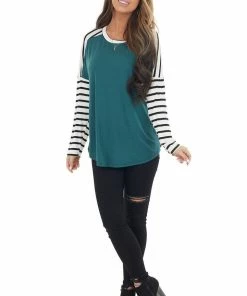 Lovely Melody Pine And Ivory Striped Long Sleeve Top With Solid Front