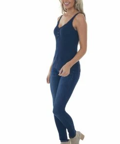 ANGIE Navy Ribbed Knit Tank Top With Button And Lace Trim Details Tops