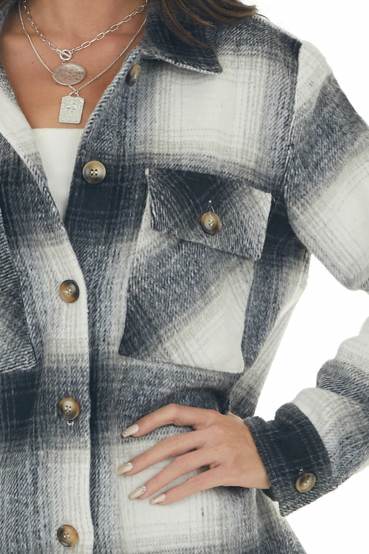 Umgee Black Plaid Button Down Brushed Shirt Jacket Tops 18 Umgee Black Plaid Button Down Brushed Shirt Jacket Tops