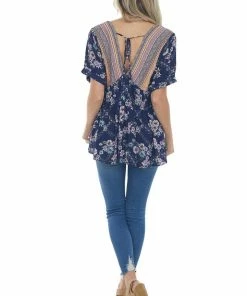 Davi & Dani Tops Rich Navy Multiprint Babydoll V Neck Woven Top 32 Davi & Dani Tops Rich Navy Multiprint Babydoll V Neck Woven Top