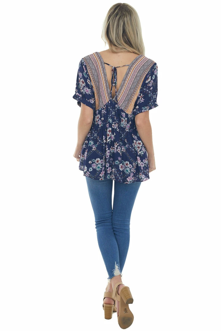 Davi & Dani Tops Rich Navy Multiprint Babydoll V Neck Woven Top 17 Davi & Dani Tops Rich Navy Multiprint Babydoll V Neck Woven Top