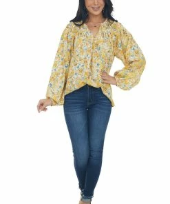 Entro Amber Floral Print Bubble Sleeve Blouse Tops