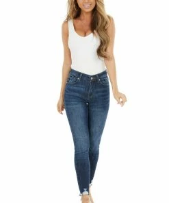 KanCan Dark Wash High Rise Skinny Jeans With Distressed Hemline Bottoms 20 KanCan Dark Wash High Rise Skinny Jeans With Distressed Hemline Bottoms