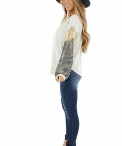 12PM Oatmeal Knit Top With Camo Print And Gold Sequin Long Sleeve 29 12PM Oatmeal Knit Top With Camo Print And Gold Sequin Long Sleeve