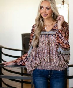 Umgee Tops Fire Orange Printed Flowy Hooded Blouse