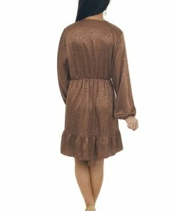 Now N Forever Cognac Textured Leopard Print Satin Dress Dresses