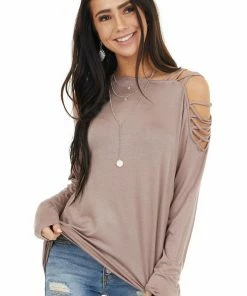 BiBi Tops Taupe Long Sleeve Knit Top With Ladder Detail