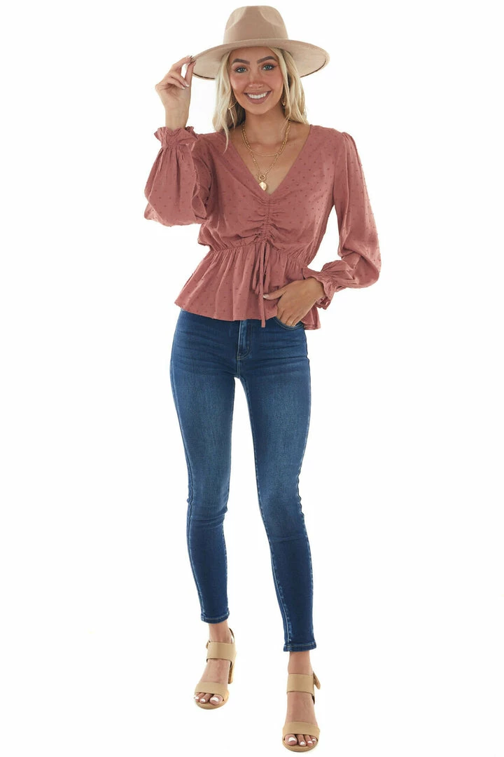 L Love Tops Terracotta Swiss Dot Ruched Puff Sleeve Blouse 14 L Love Tops Terracotta Swiss Dot Ruched Puff Sleeve Blouse