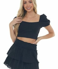 HYFVE Black Lace Skirt And Cropped Blouse Set Tops