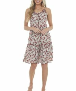 Ces Femme Dresses Ivory And Cherry Floral Print Short Dress
