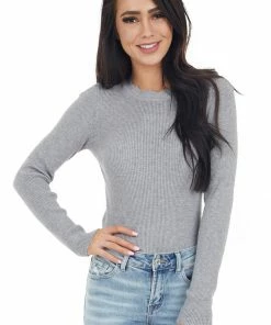 Wishlist Tops Dove Grey Ribbed Knit Bodysuit With Scalloped Neckline