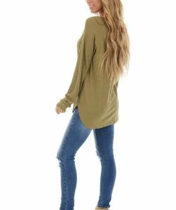 Supreme Fashion Tops Olive Long Sleeve Waffle Knit Top With Rounded Neckline