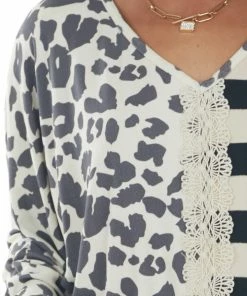 BiBi Black Multiprint Crochet Lace Brushed Knit Top