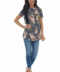 Lovely Melody Stormy Blue Floral Top With Gold Sequin Pocket