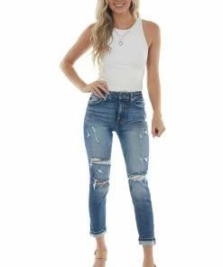 KanCan Medium Wash High Rise Distressed Mom Fit Jeans