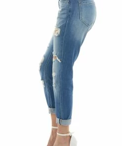 KanCan Mid Wash Mid Rise Heavy Torn Boyfriend Jeans