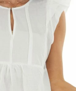 Grade & Gather Tops Off White Cap Sleeve Notch Neckline Top With Pintuck Detail