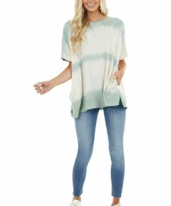 Easel Cream And Sage Washed Oversized Top With Side Pockets