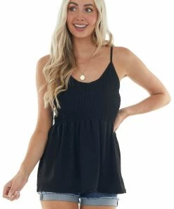 143 Story Tops Black Sleeveless Blouse With Smocked Bodice