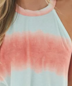 BiBi Mint And Coral Tie Dye Halter Knit Tank Top