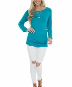 FSL APPAREL Teal Long Sleeve Tunic Top With Ruched Sides Tops
